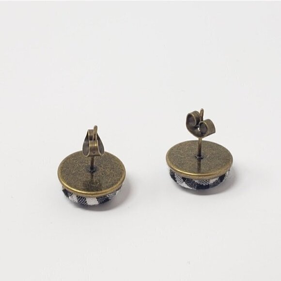 New Handmade | Upcycled Black White Plaid Button Stud Earrings - Picture 3 of 5